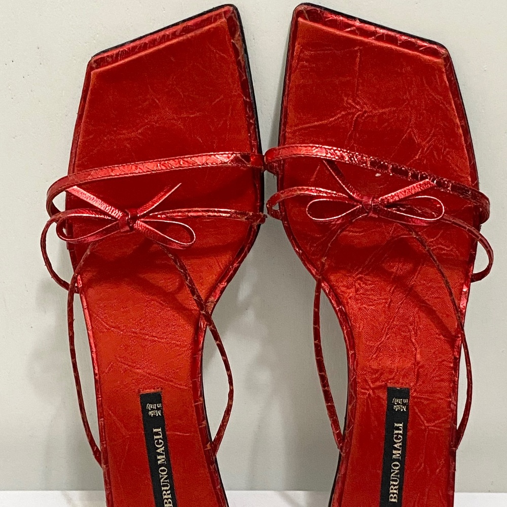 Bruno Magli  Size 6 1/2 Women’s Red Metallic  Slip On Sandals Heels made in Ital